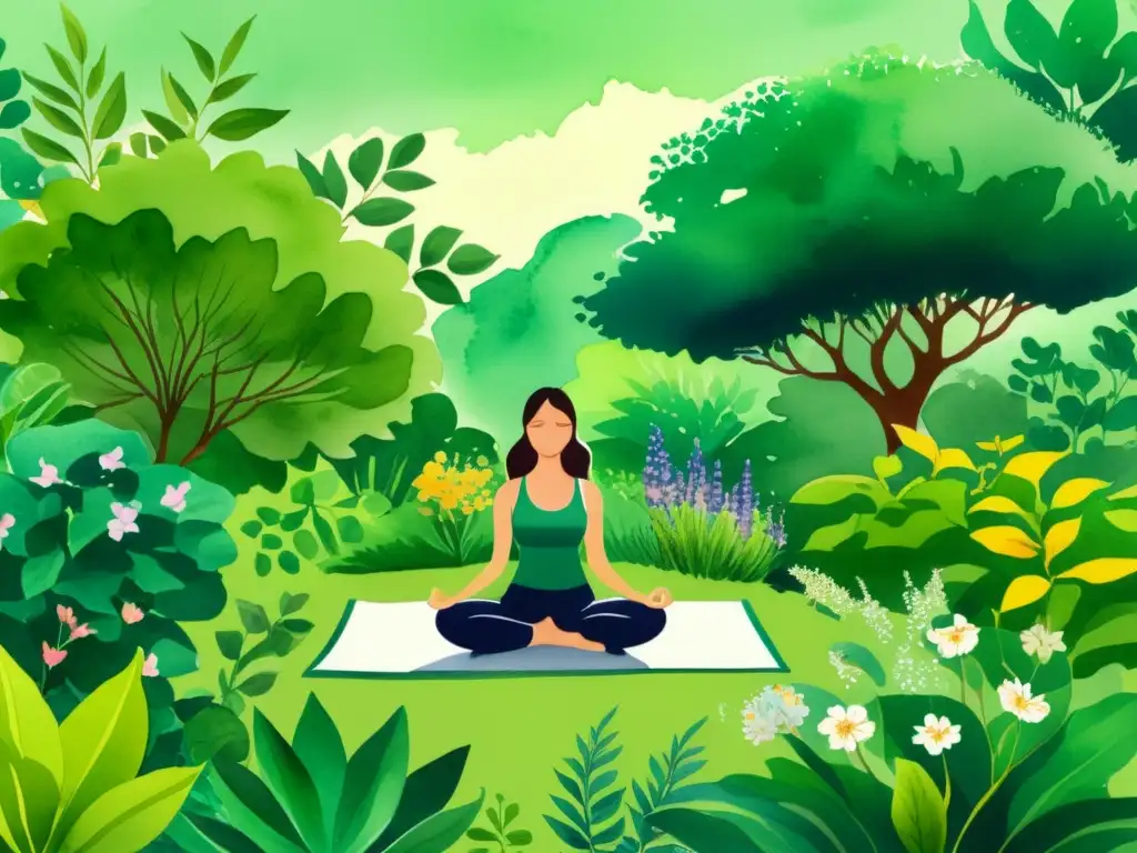 Un jardín exuberante con plantas medicinales para regular ciclo menstrual, donde mujeres practican yoga y meditación en un ambiente sereno