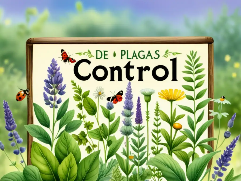 Un jardín exuberante de plantas medicinales con control de plagas natural, lleno de vida y colorida armonía