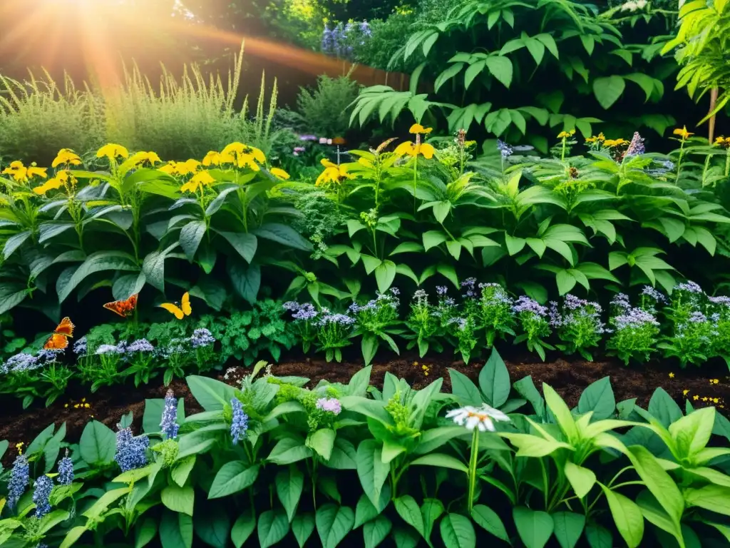 Jardín exuberante de plantas medicinales, cultivadas orgánicamente