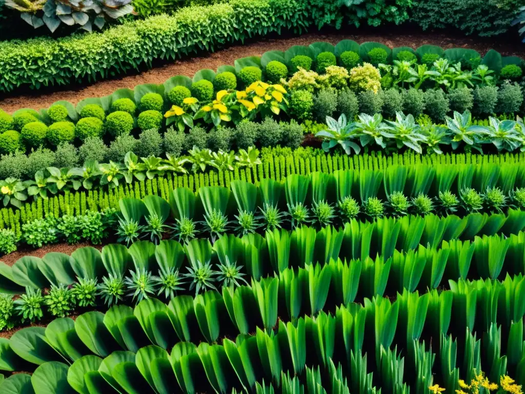 Un jardín botánico exuberante con plantas medicinales cultivadas con técnicas avanzadas, bañado por la suave luz del sol