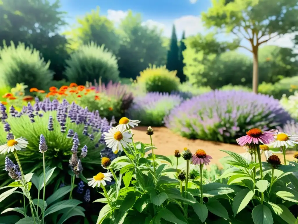 Jardín botánico exuberante con plantas medicinales en flor, abejas y mariposas