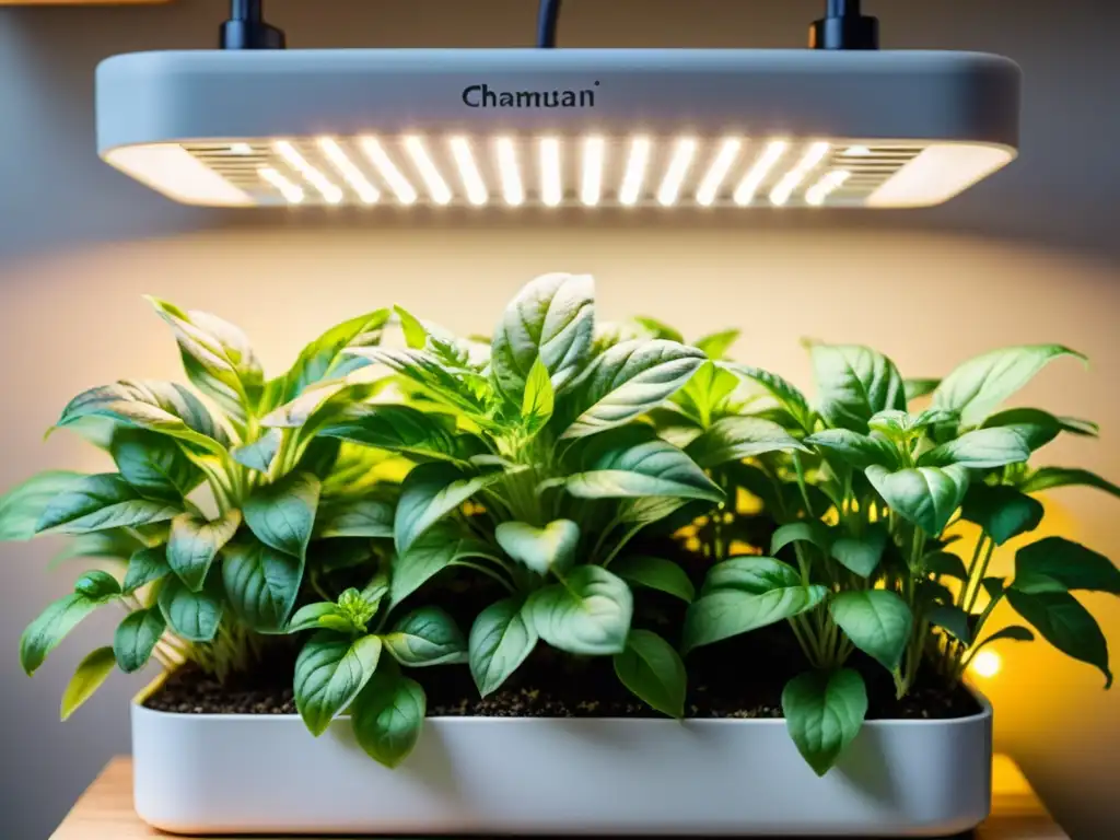 Un jardín interior exuberante con plantas medicinales iluminadas por LED, creando un ambiente tranquilo y sereno