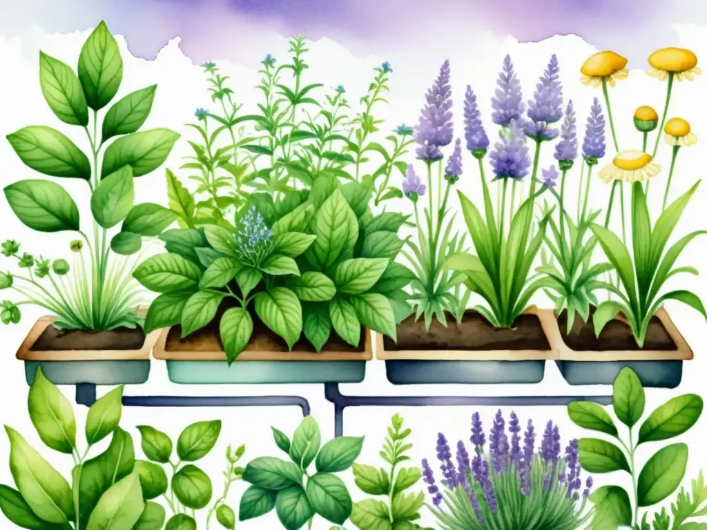 Un jardín hidropónico exuberante con plantas medicinales como lavanda, manzanilla y menta