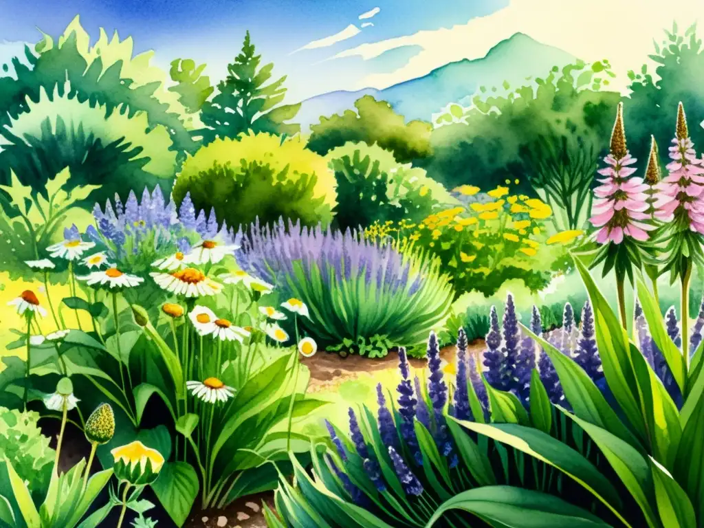 Un jardín botánico exuberante con plantas medicinales, como lavanda, equinácea, manzanilla y sábila
