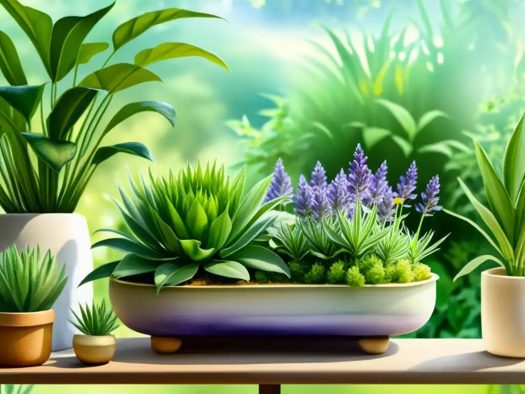 Un jardín hidropónico exuberante con plantas medicinales como lavanda, manzanilla, menta y sábila