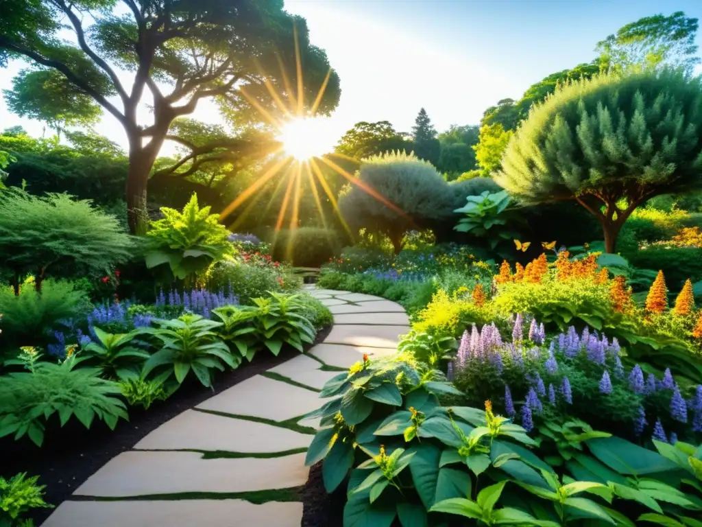 Un jardín botánico exuberante con plantas medicinales, mariposas y abejas