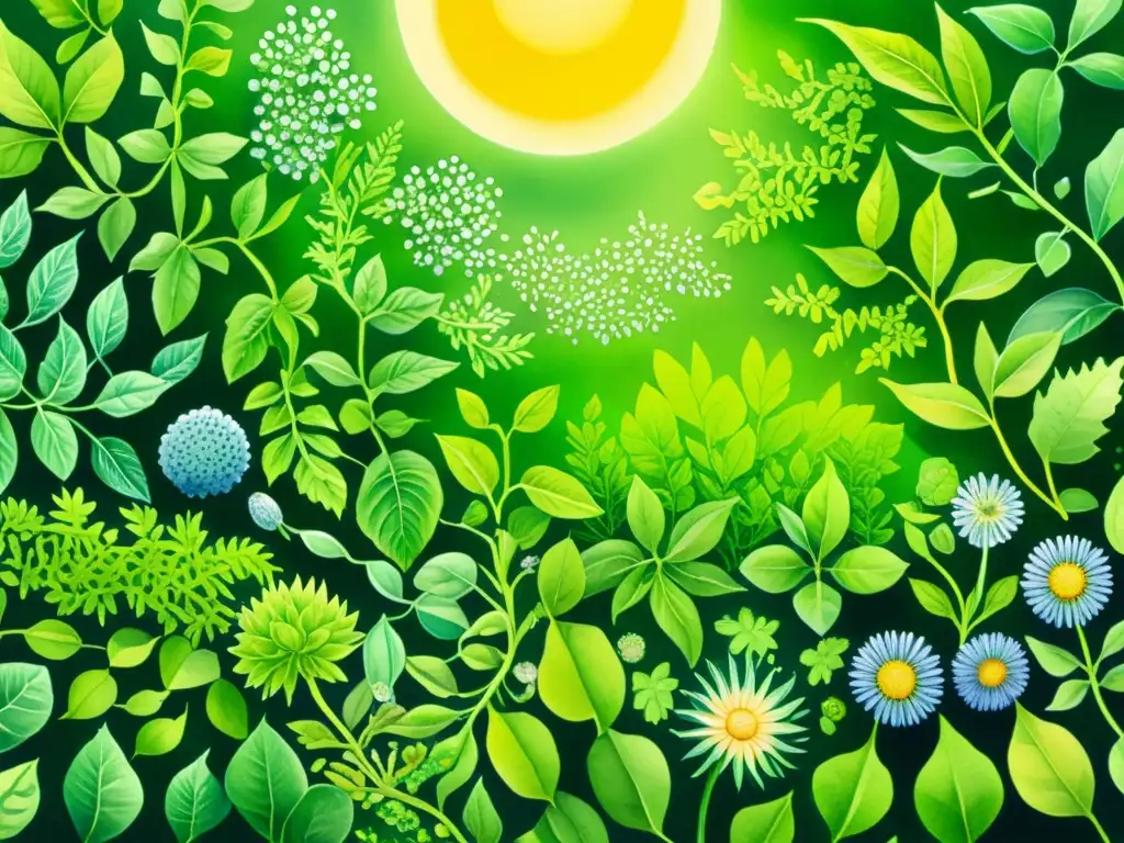 Jardín exuberante de plantas medicinales nanoescala, mejora propiedades naturales