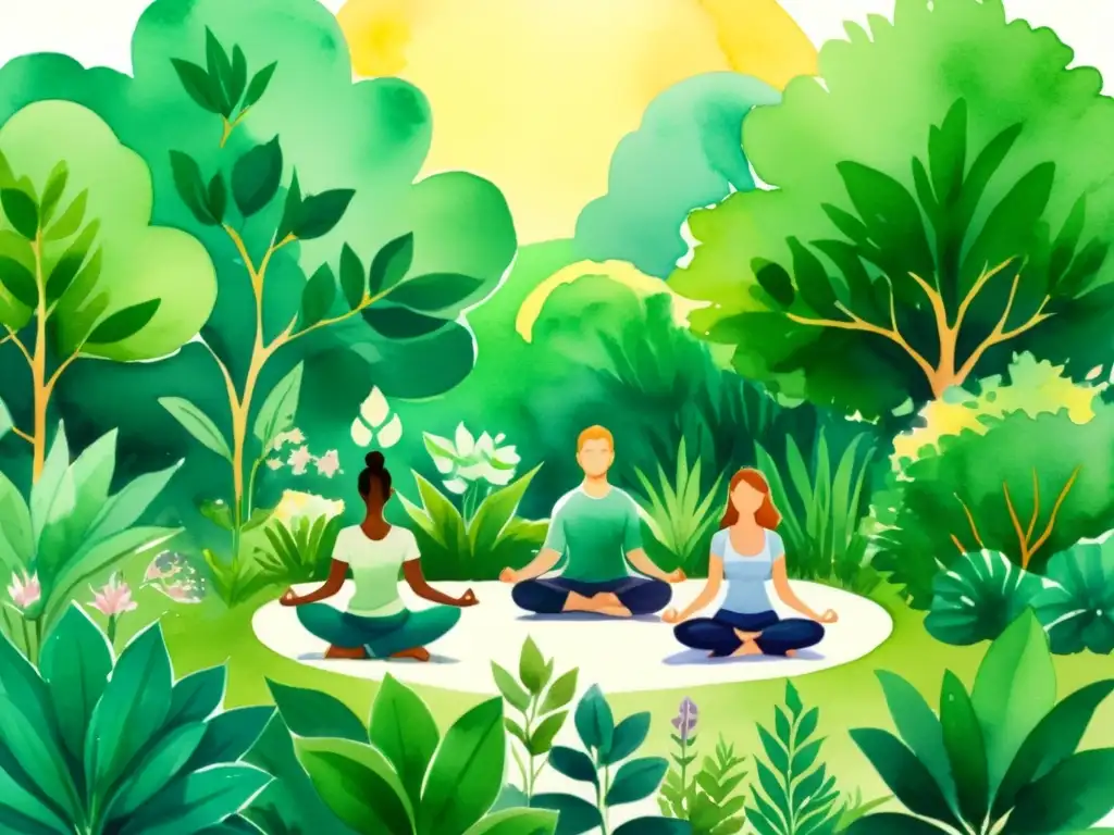 Un jardín exuberante con plantas medicinales y personas meditando en poses de yoga, irradiando calma y tranquilidad