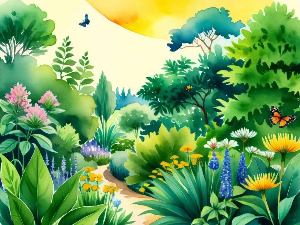 Maravillosa ilustración acuarela de un exuberante jardín botánico con plantas medicinales en plena transformación