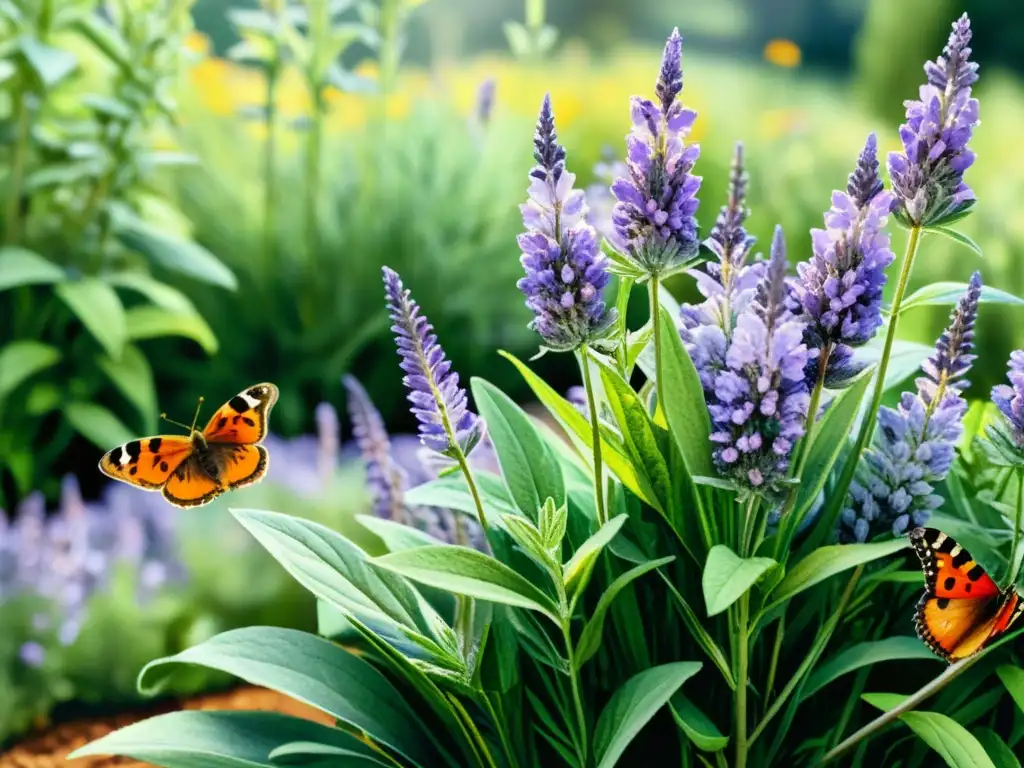 Un jardín exuberante con plantas medicinales repelentes de plagas, bañado por la luz del sol y visitado por mariposas y abejas