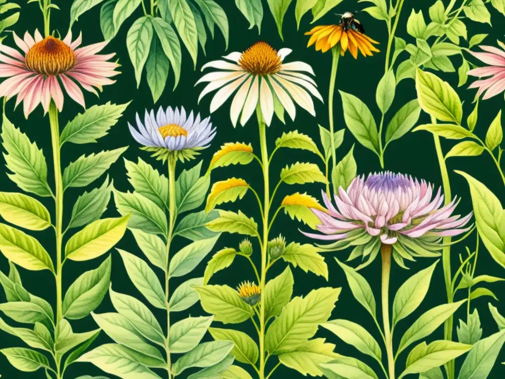 Un jardín exuberante de plantas medicinales fortalece el sistema inmune en esta detallada ilustración de acuarela