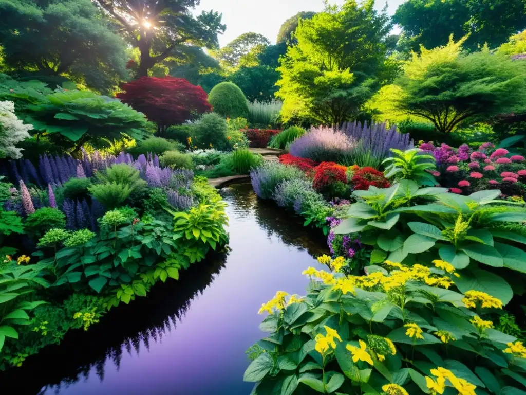 Jardín botánico exuberante con plantas medicinales en tonos verdes, rojos y morados