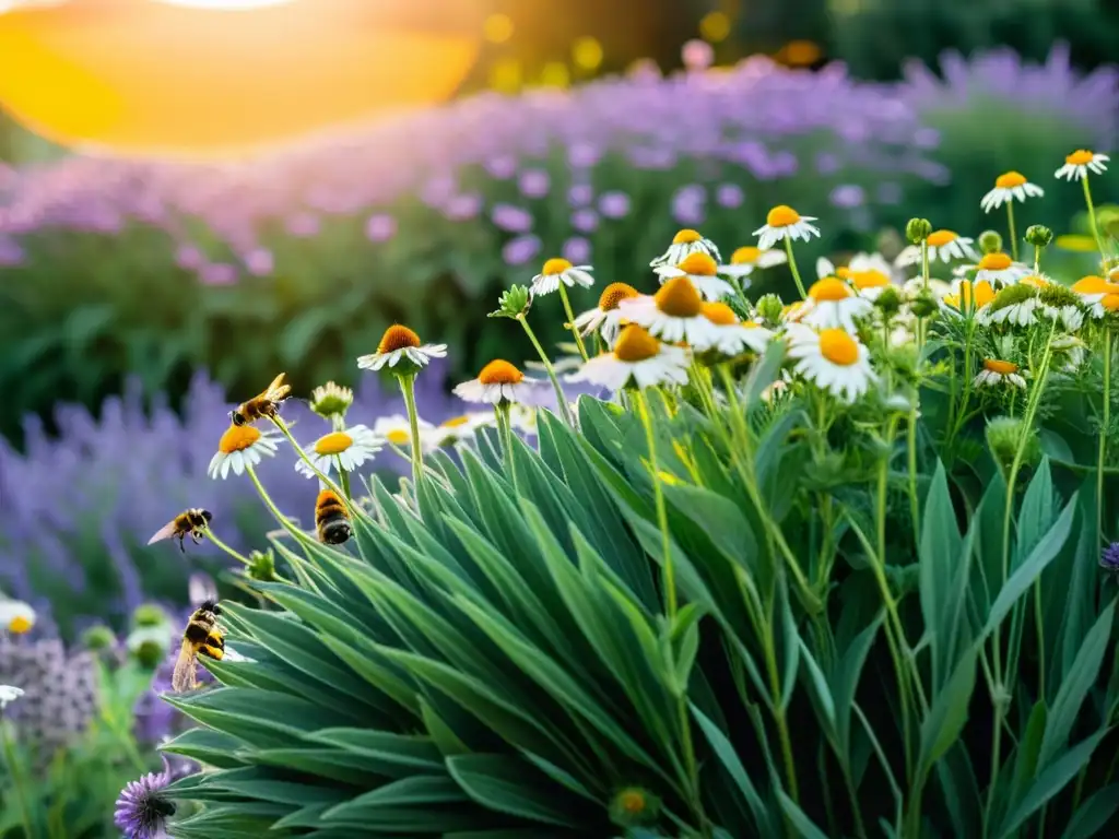 Un jardín botánico exuberante con plantas medicinales vibrantes, bañado por la cálida luz del sol