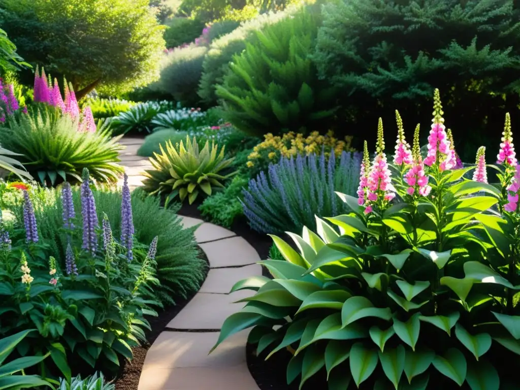 Un exuberante jardín botánico con plantas medicinales vibrantes y un arroyo sereno