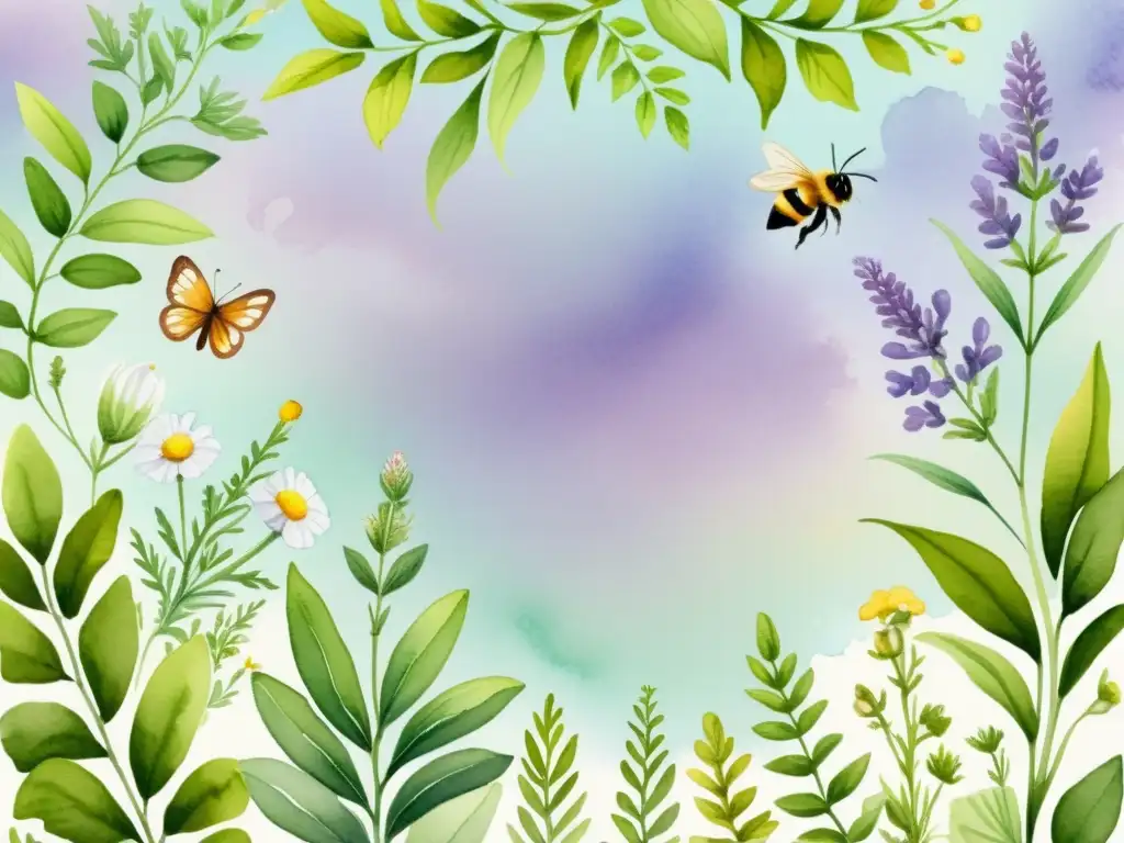 Jardín herbal sereno: lavanda, manzanilla y menta Un jardín herbal exuberante con plantas medicinales vibrantes, abejas y mariposas, bajo el cálido sol