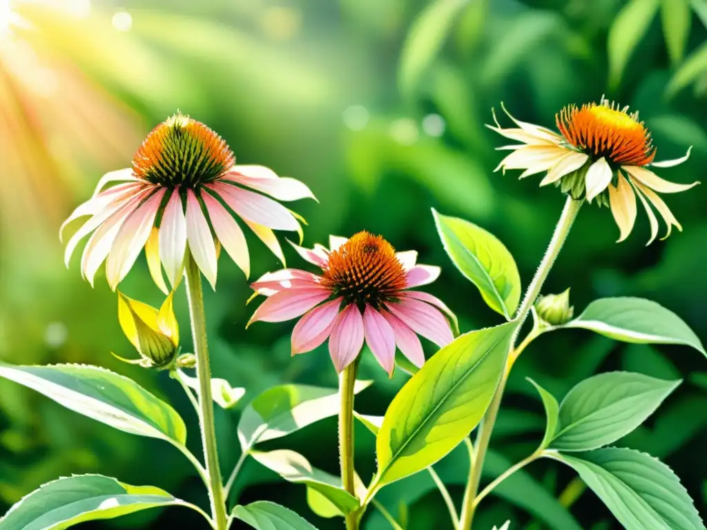 Un jardín botánico exuberante con plantas medicinales vibrantes y detalladas, iluminado por el cálido sol y rocío