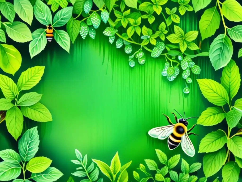 Un jardín exuberante con plantas de menta vibrantes y detalladas, donde las abejas y mariposas dan vida