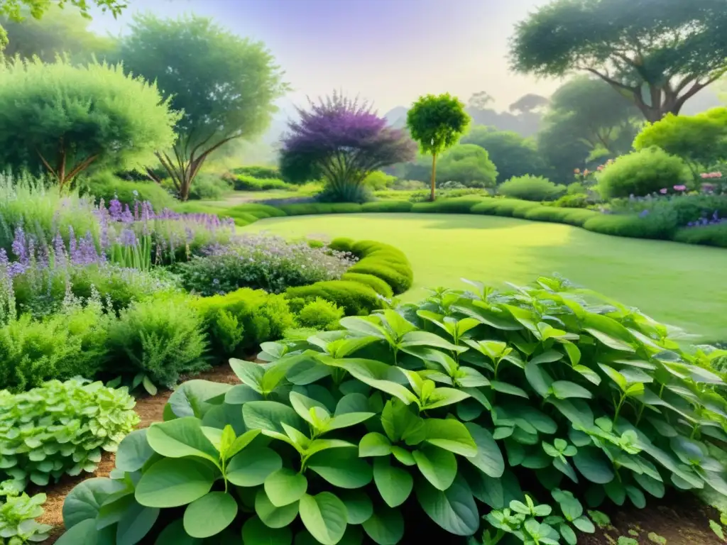 Un jardín Ayurveda exuberante con plantas de Brahmi, flores moradas y hojas redondas, bañado por la luz del sol