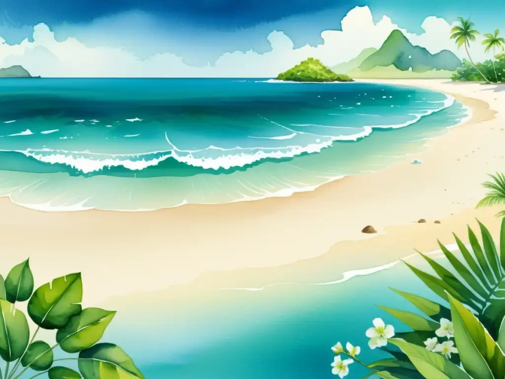 Exuberante ilustración acuarela de una playa tropical tranquila con kava kava