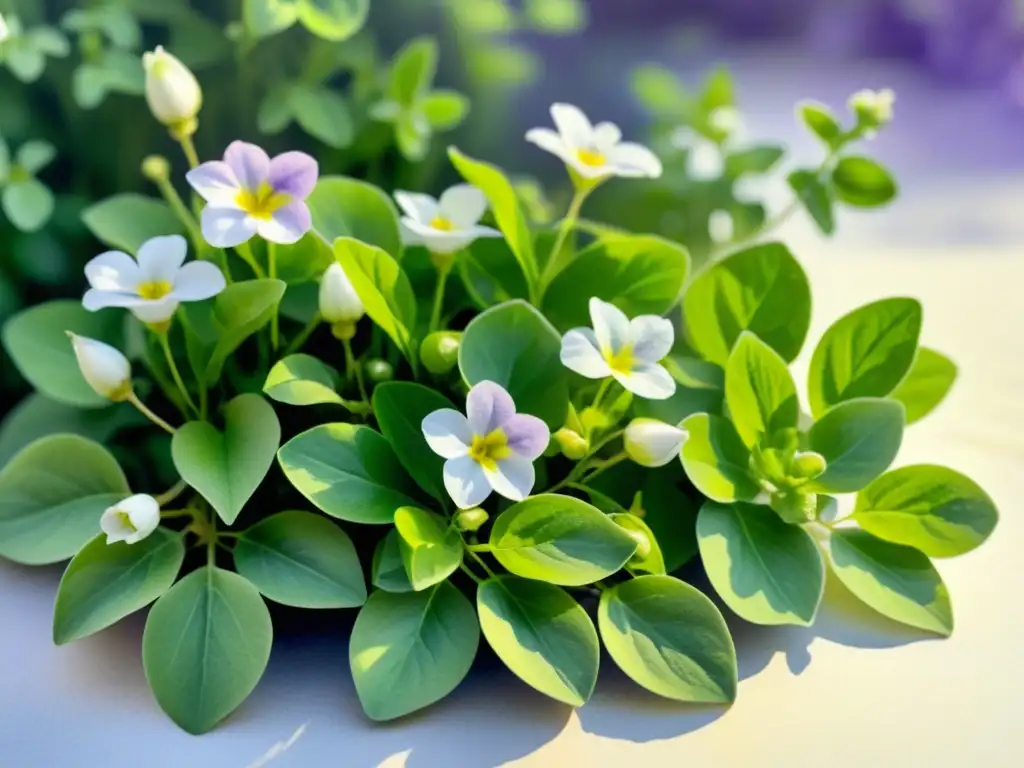 Jardín exuberante con bacopa monnieri en plena floración, beneficios cognitivos bacopa monnieri