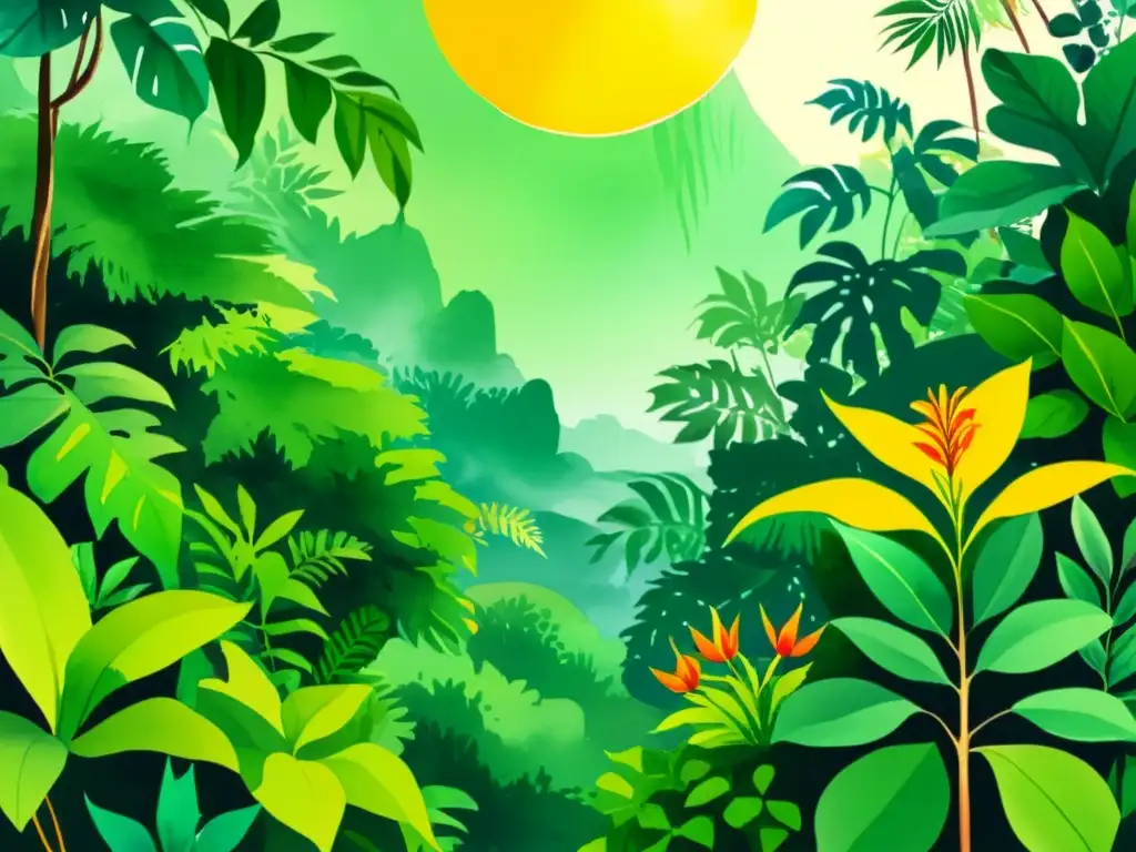 Maravillosa ilustración acuarela de exuberante selva con conocimientos botánicos pueblos nativos