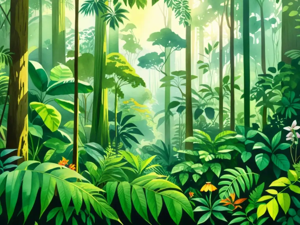 Exuberante ilustración acuarela de selva con plantas medicinales y vida silvestre