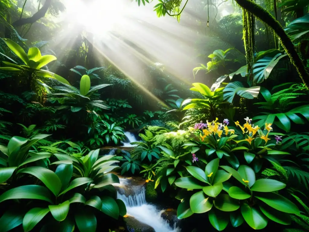 Exuberante selva con plantas medicinales y vida salvaje