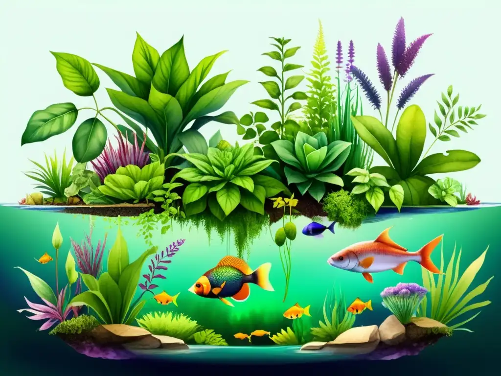 Un exuberante sistema acuapónico con plantas medicinales y peces coloridos, creando un ecosistema armonioso