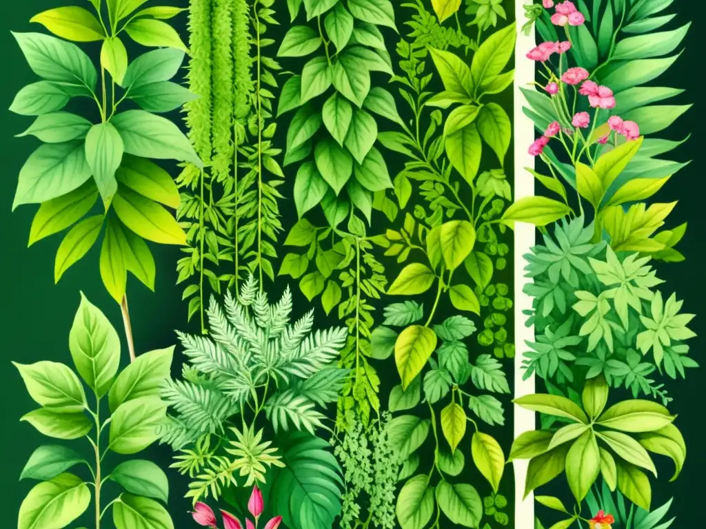 Un exuberante jardín vertical de plantas medicinales, destacando su belleza y eficiencia