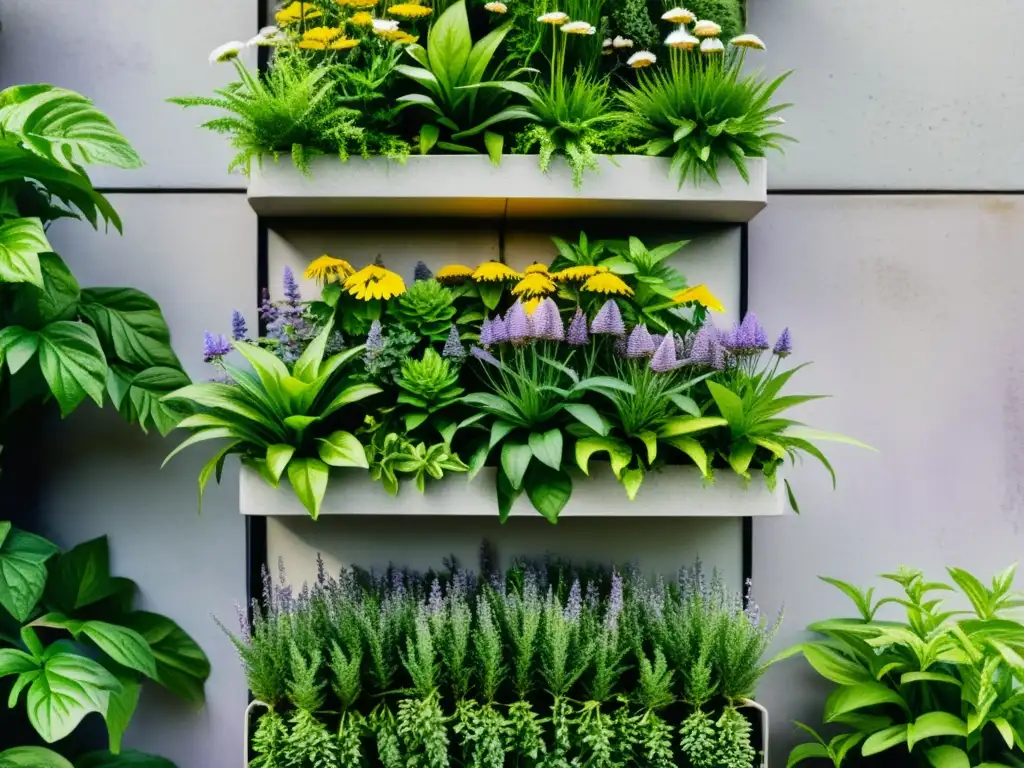 Un exuberante jardín vertical con plantas medicinales en un entorno urbano, ideal para espacios reducidos