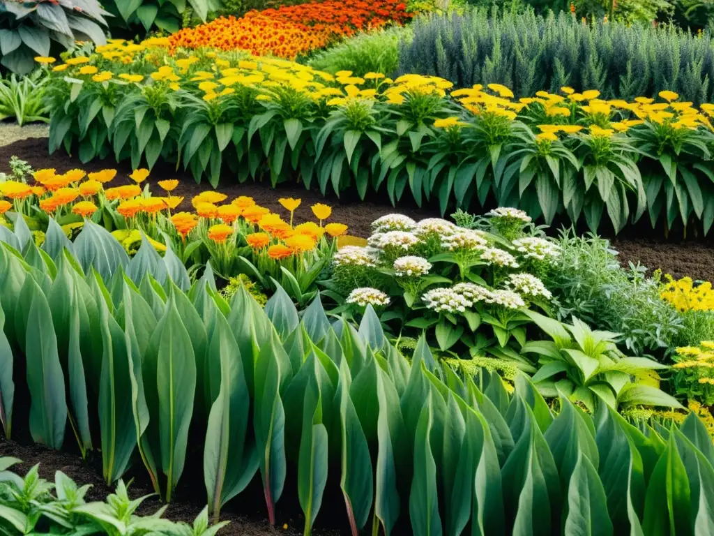 Un jardín herbal exuberante y vibrante bañado por cálida luz, rebosante de vitalidad y salud natural