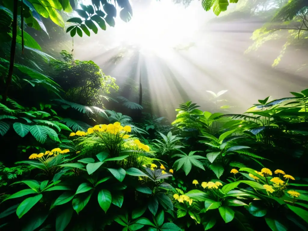 Selva exuberante con plantas medicinales vibrantes Un exuberante y vibrante bosque lluvioso lleno de plantas medicinales en una atmósfera mágica