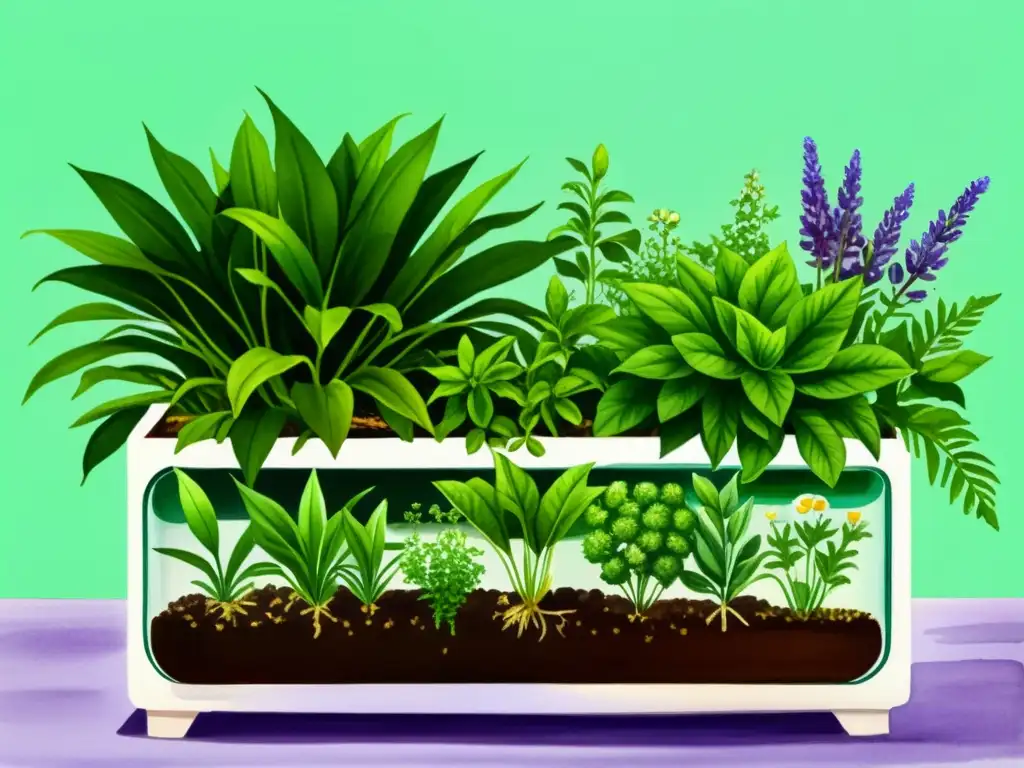 Un exuberante y vibrante cuadro de acuarela de un próspero sistema hidropónico casero cultivando plantas medicinales como lavanda, manzanilla y menta