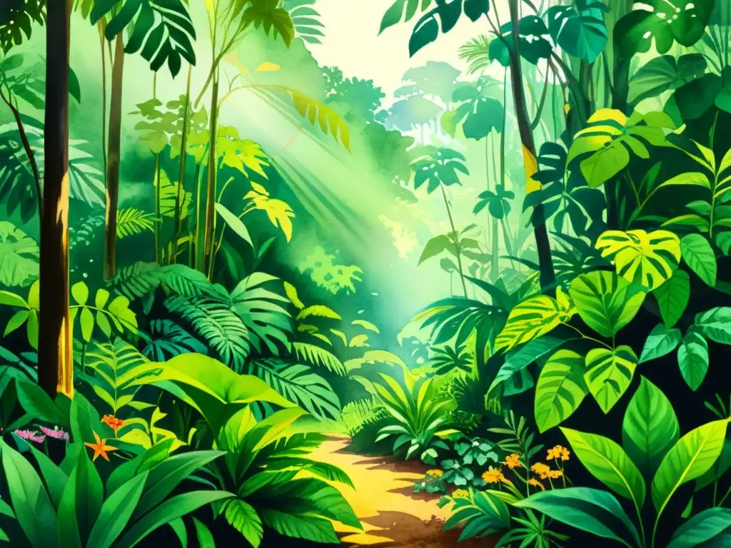 Un exuberante y vibrante dibujo de acuarela de una densa escena de selva tropical, con plantas exóticas