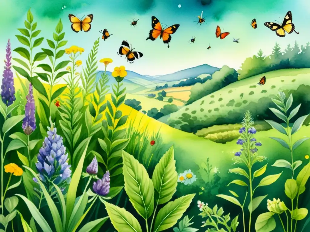 Una ilustración acuarela exuberante y vibrante que muestra una diversa variedad de hierbas prosperando en un paisaje agrícola biodiverso, con mariposas, abejas y otros polinizadores revoloteando entre el follaje