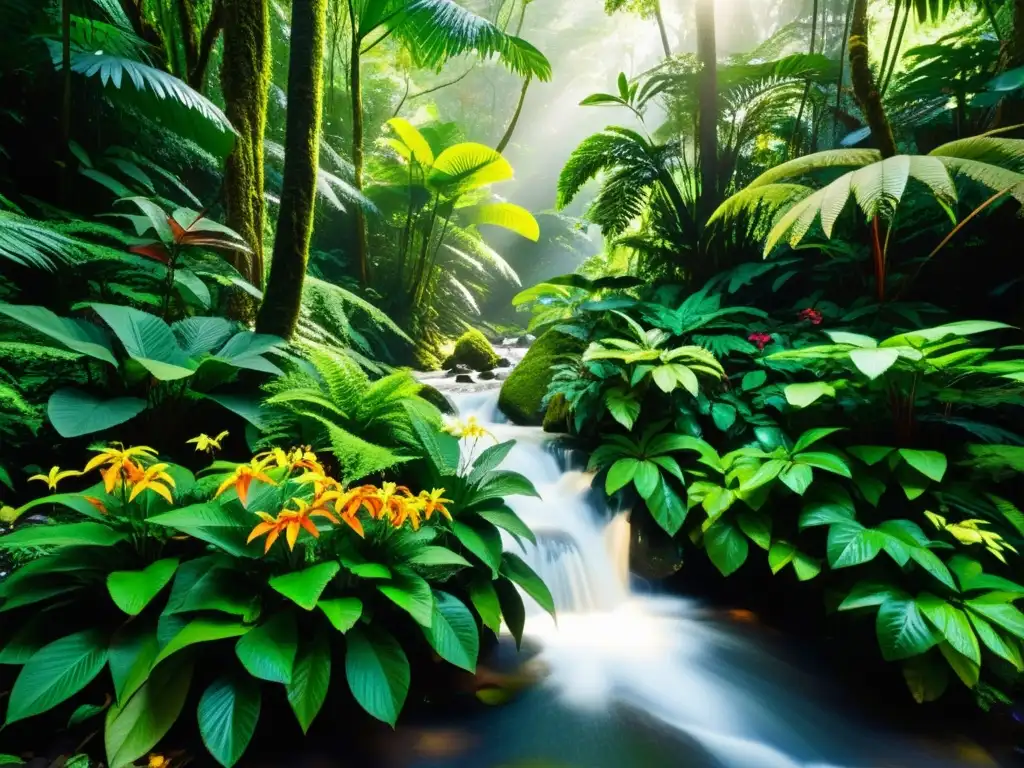 Un exuberante y vibrante escenario de selva lluviosa con una diversa variedad de plantas y flores medicinales en plena floración