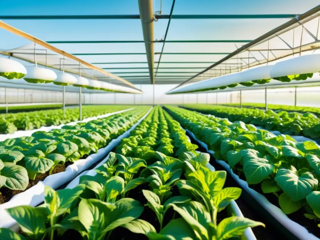 Una exuberante y vibrante granja hidropónica comercial a gran escala, con hileras de verduras y hierbas prosperando en el agua rica en nutrientes