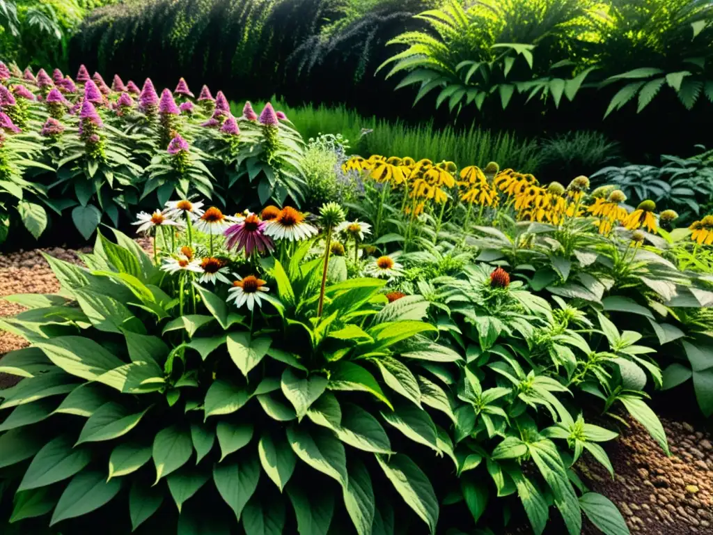 Un jardín botánico exuberante y vibrante con hierbas medicinales detalladas que fortalecen el sistema inmune