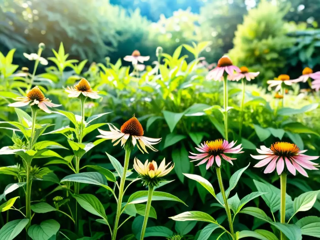 Un jardín botánico exuberante y vibrante con plantas medicinales, como equinácea, cúrcuma, jengibre y ginseng