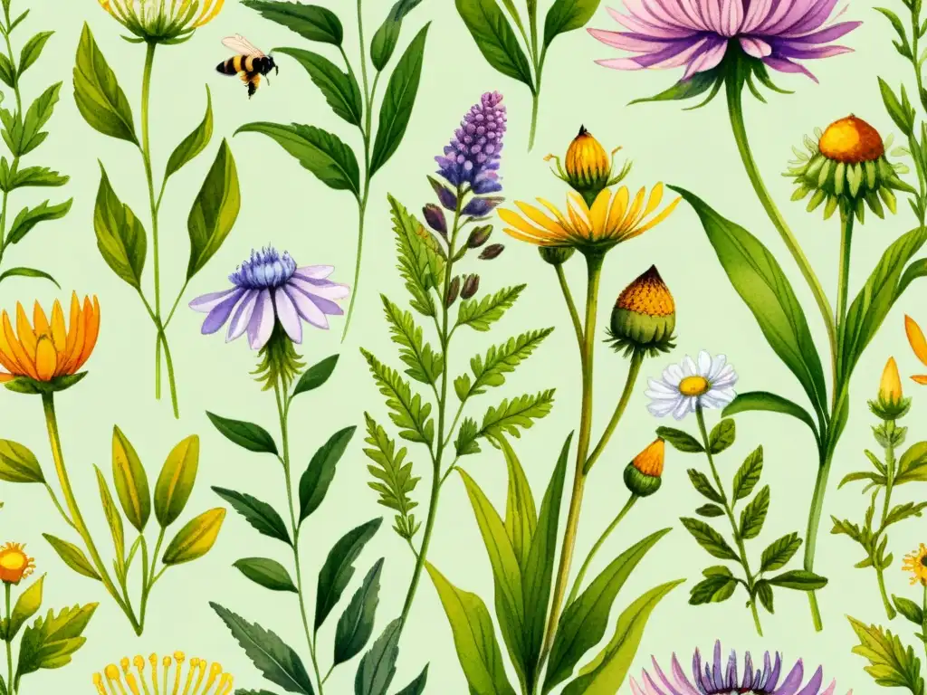 Una ilustración acuarela exuberante y vibrante de plantas medicinales, como lavanda, equinácea y manzanilla, en un campo soleado