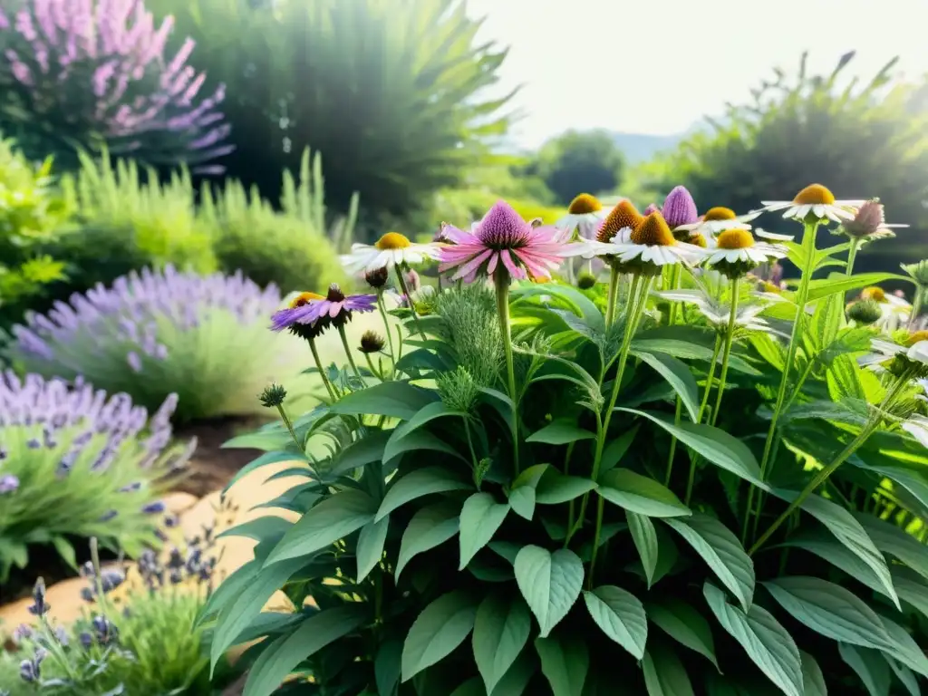 Un jardín botánico exuberante y vibrante, con plantas medicinales en acuarela