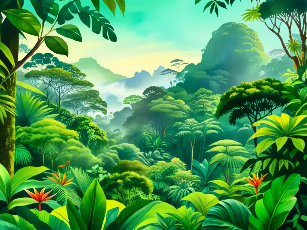 Una fascinante pintura acuarela de una exuberante escena de selva tropical, con flora y fauna vibrante en detalle realista