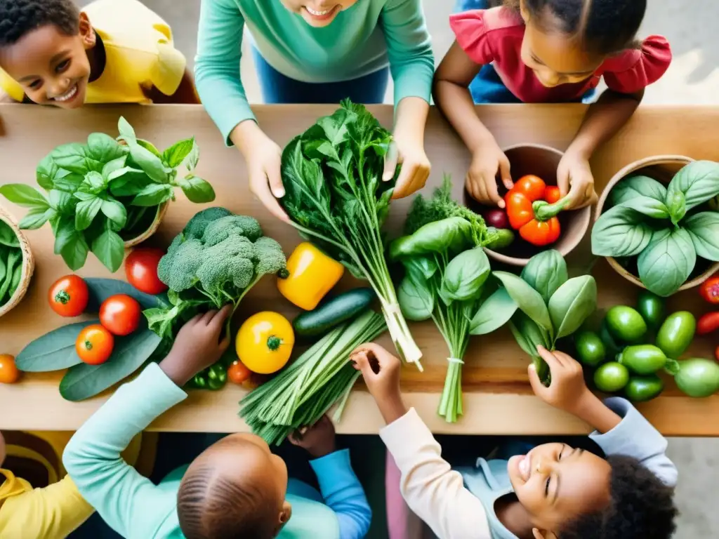 Un ilustración acuarela de niños felices explorando hierbas frescas y vegetales