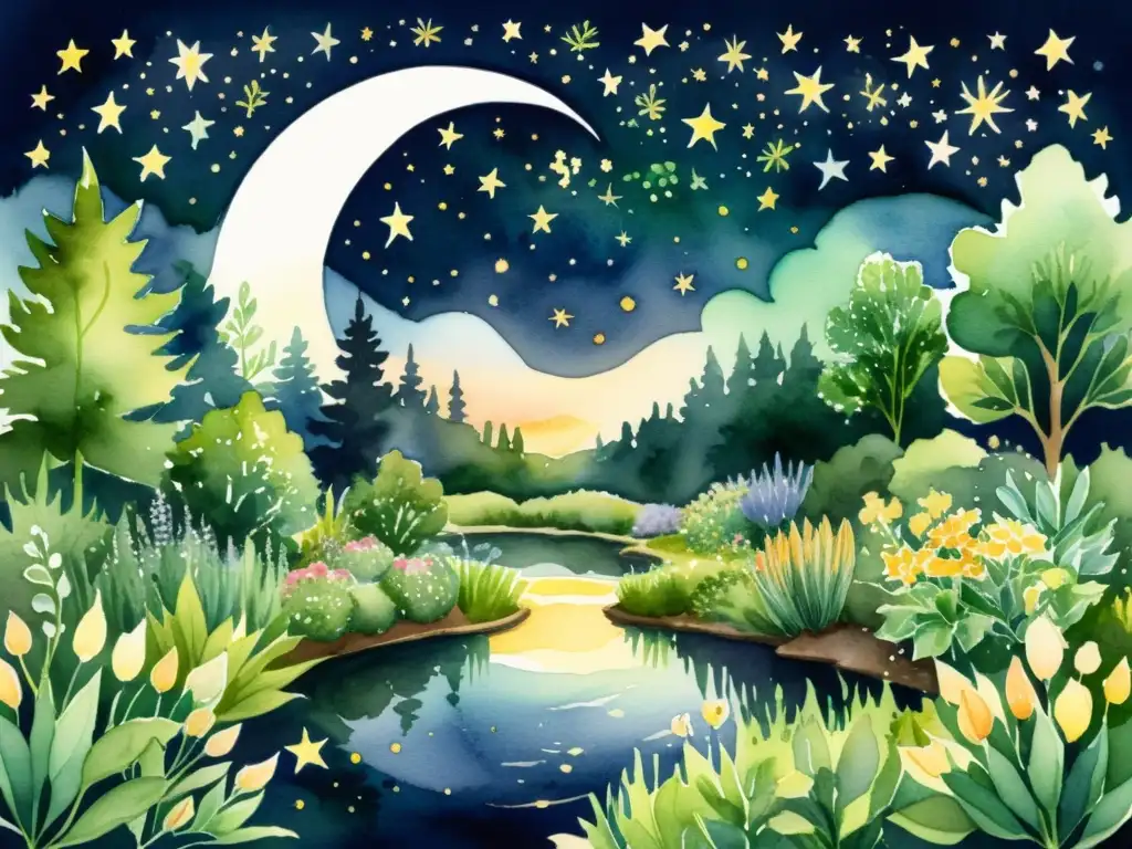 Fitocosmética para regenerar piel: ilustración detallada de un jardín nocturno lleno de hierbas curativas bajo un cielo estrellado y luna creciente