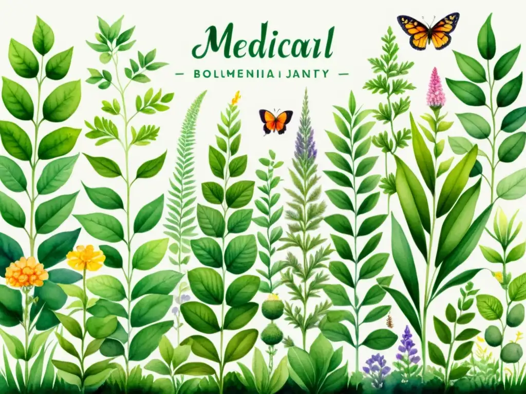 Un gran jardín con plantas medicinales en diferentes etapas de crecimiento, rodeado de polinizadores, evocando tranquilidad y abundancia