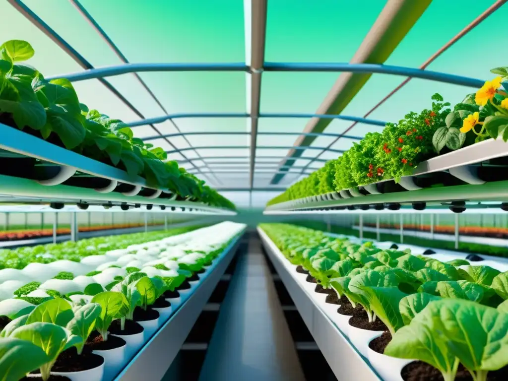 Una granja hidropónica exuberante con verduras verdes vibrantes y flores coloridas, integrando sistemas automatizados y sensores