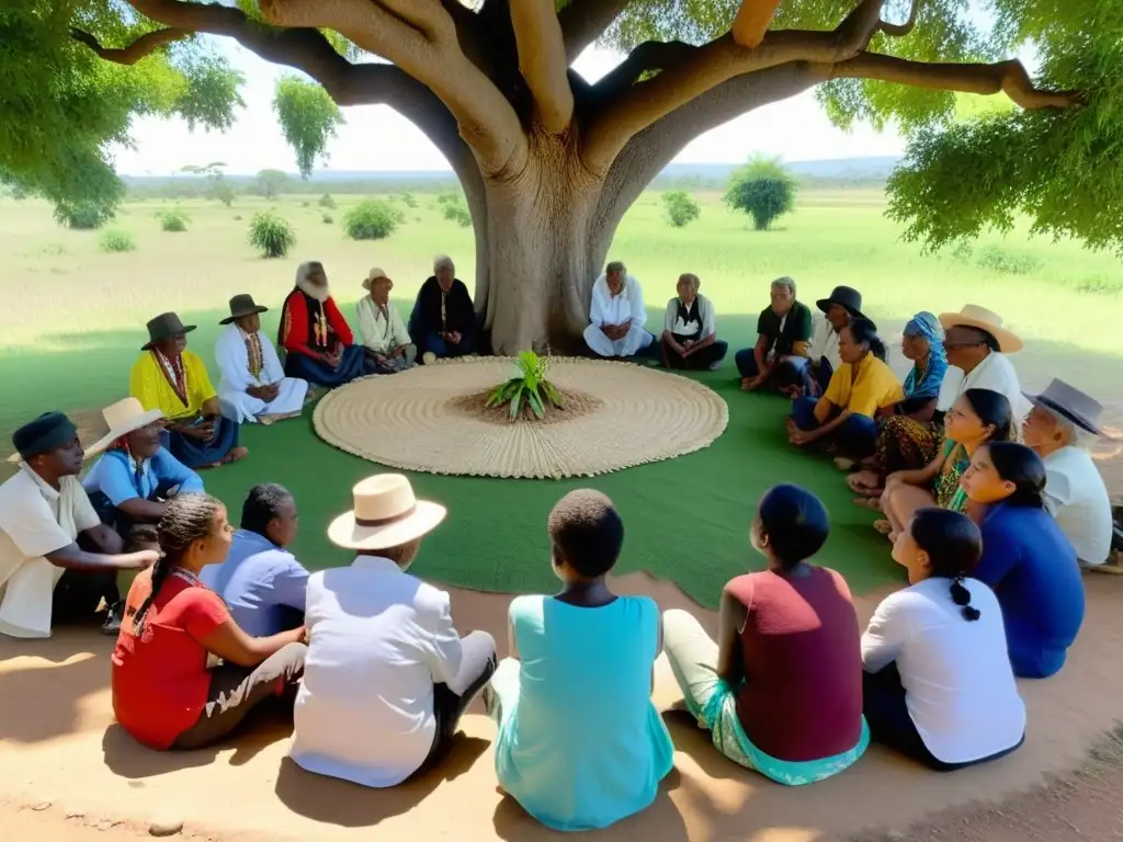 Grupo de ancianos indígenas comparten sabiduría sobre plantas medicinales con jóvenes bajo un árbol