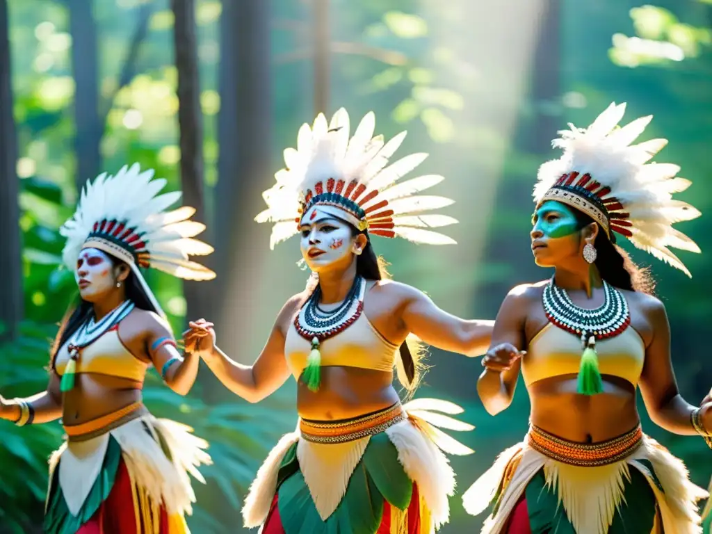 Un grupo de bailarines indígenas danza en el bosque, honrando la importancia de la danza tradicional, con trajes pintorescos y vívidos