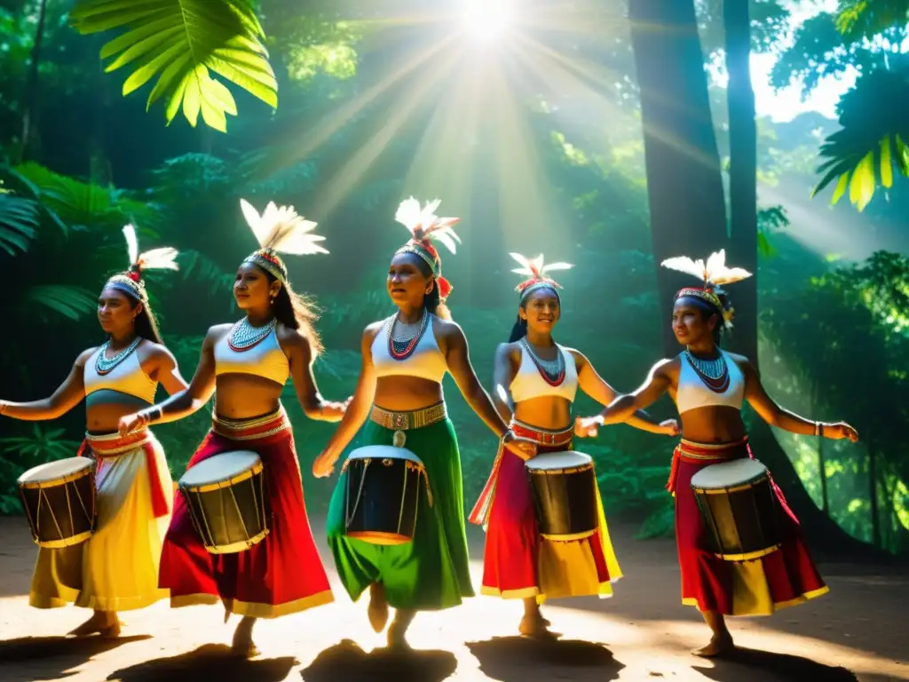 Grupo de bailarines indígenas en trajes tradicionales danzando en un claro del bosque, destacando la importancia de la danza tradicional