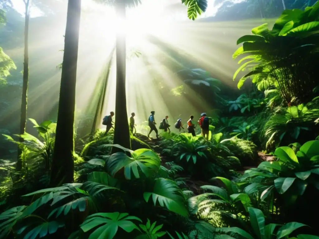 Grupo de botánicos explorando exuberante selva, recolectando plantas medicinales, en estilo acuarela